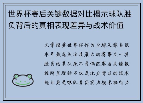 世界杯赛后关键数据对比揭示球队胜负背后的真相表现差异与战术价值
